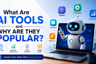 AI robot on a laptop with icons showing automation, productivity, research, creativity, and time-saving benefits of AI tools.