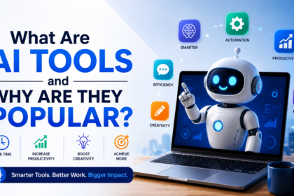 AI robot on a laptop with icons showing automation, productivity, research, creativity, and time-saving benefits of AI tools.