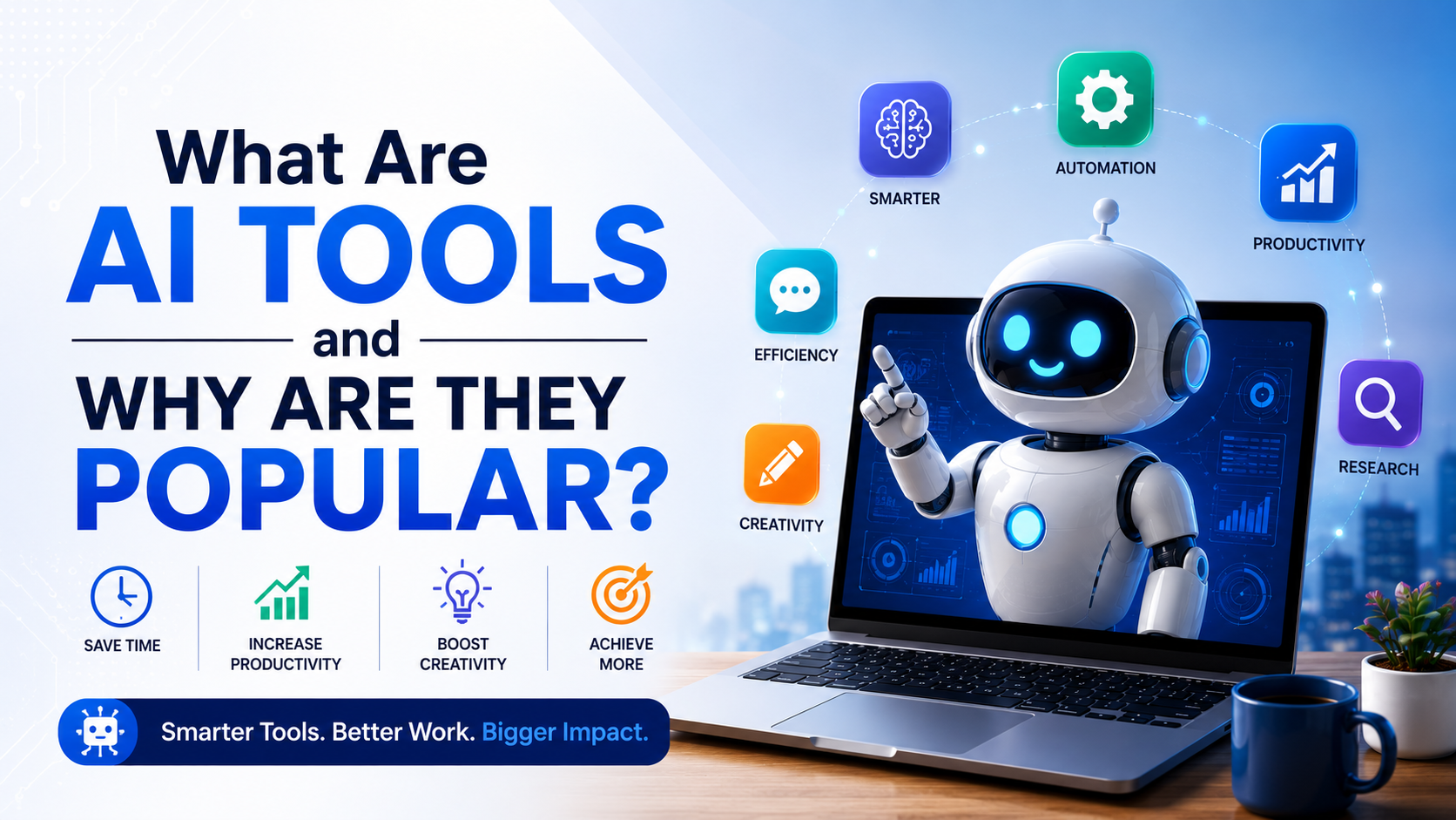 AI robot on a laptop with icons showing automation, productivity, research, creativity, and time-saving benefits of AI tools.